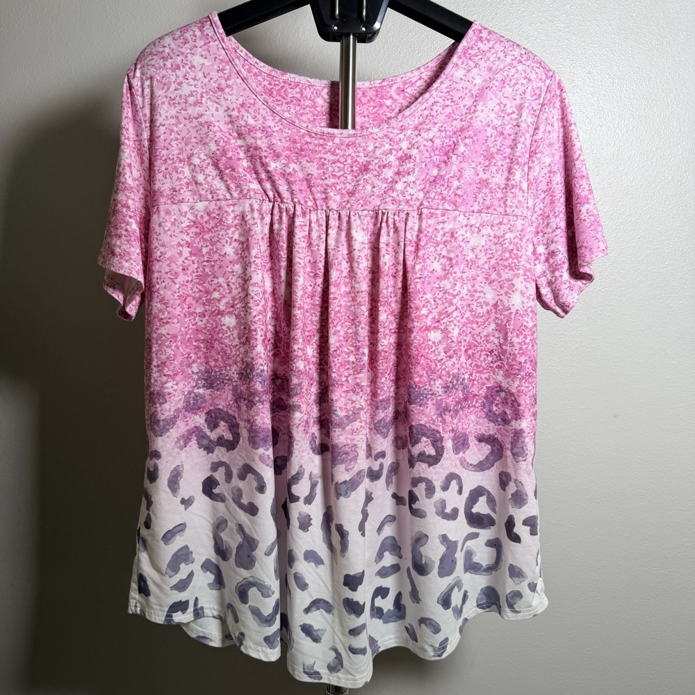 Womens‎ 3XL Tunic Top Pink Leopard Ombre Scoop Neck Pleated Casual Short Sleeve
